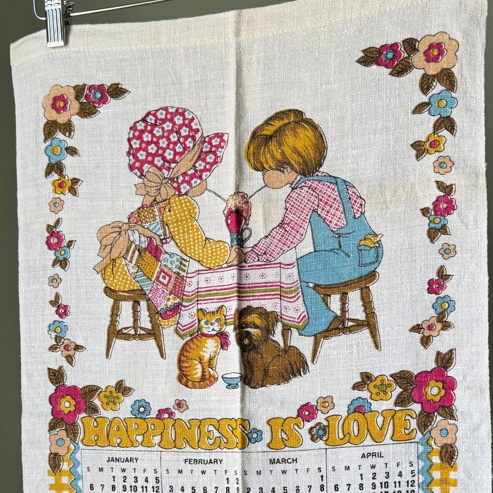 Vintage 1980 Calendar Tea Towel Linen Fabric Wall Decor